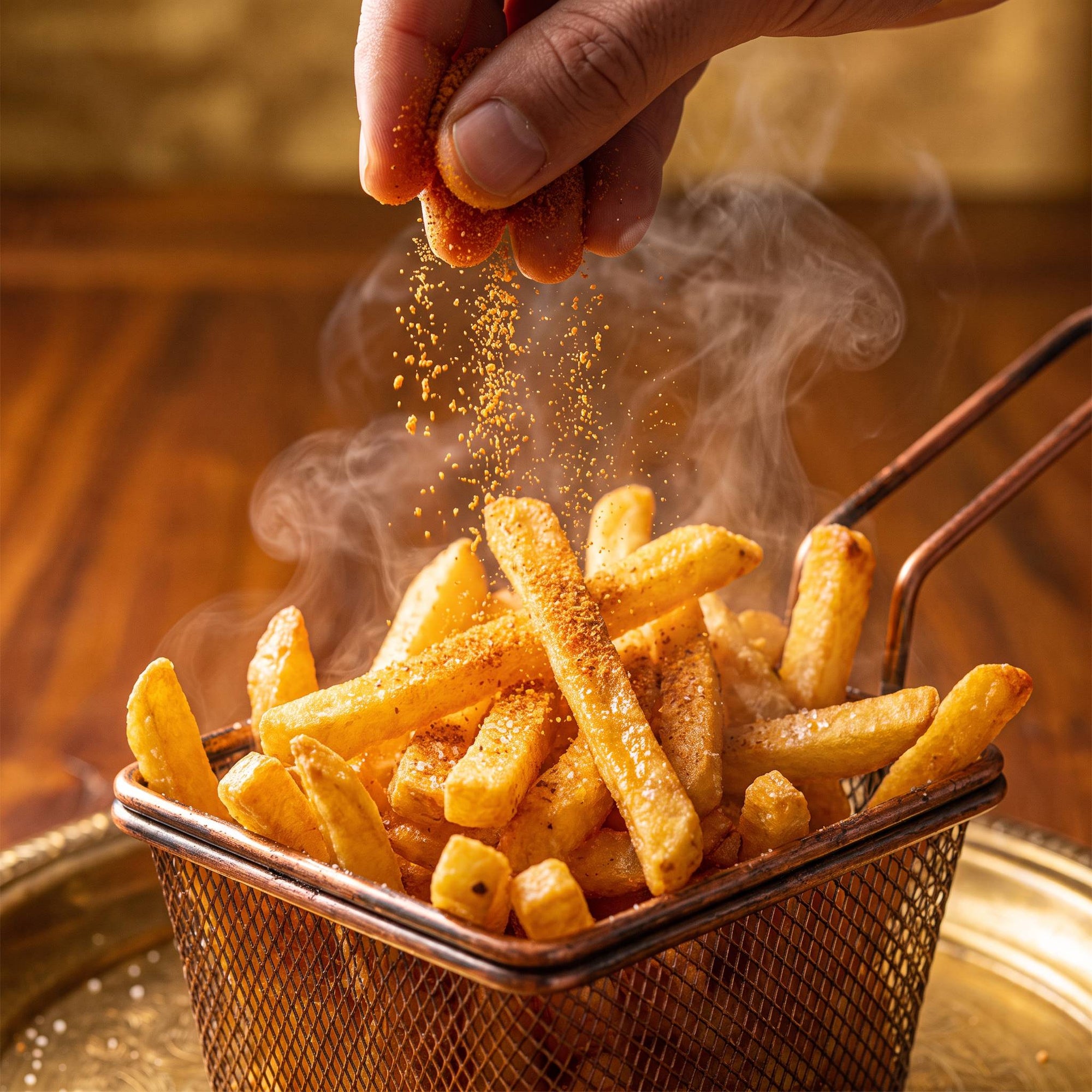 Seasoning sprinkled over a basket of hot golden chips