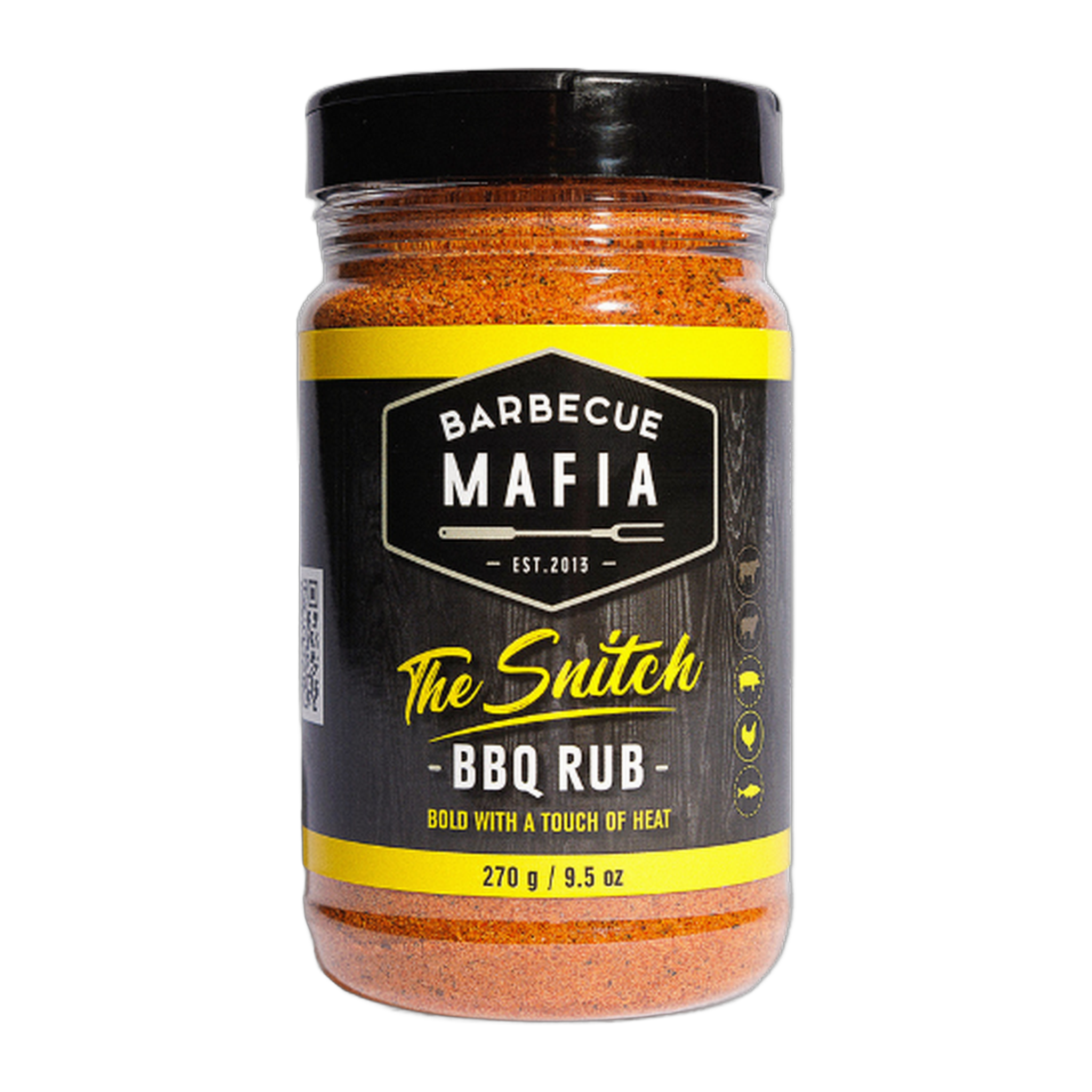 Barbecue Mafia The Snitch BBQ Rub 270g chicken rub — front of shaker on transparent background