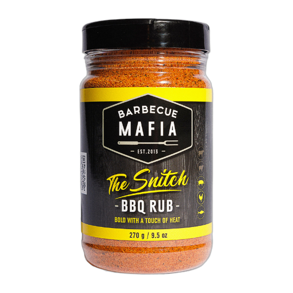 Barbecue Mafia The Snitch BBQ Rub 270g chicken rub — front of shaker on transparent background