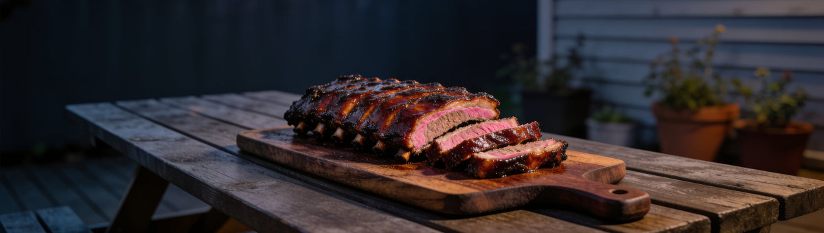 Sticky mahogany pork ribs rubbed with BBQ Mafia The Squealer BBQ Rub on a deck table at dusk