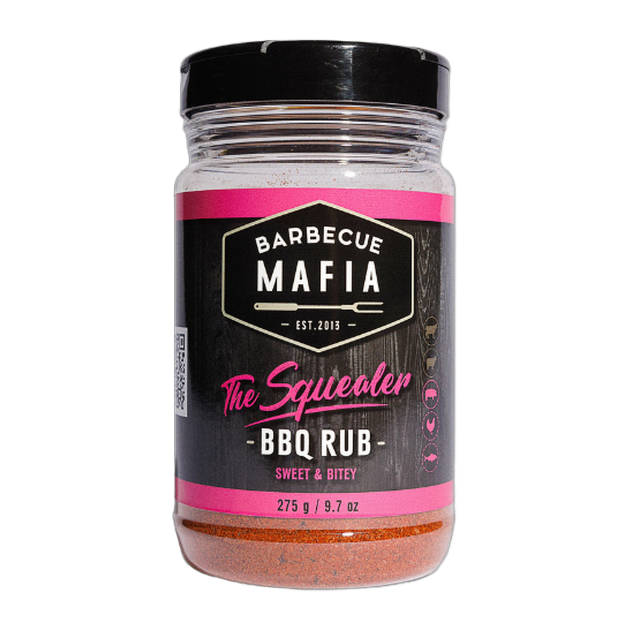 Barbecue Mafia The Squealer BBQ Rub 275g pork rub — front of shaker on transparent background