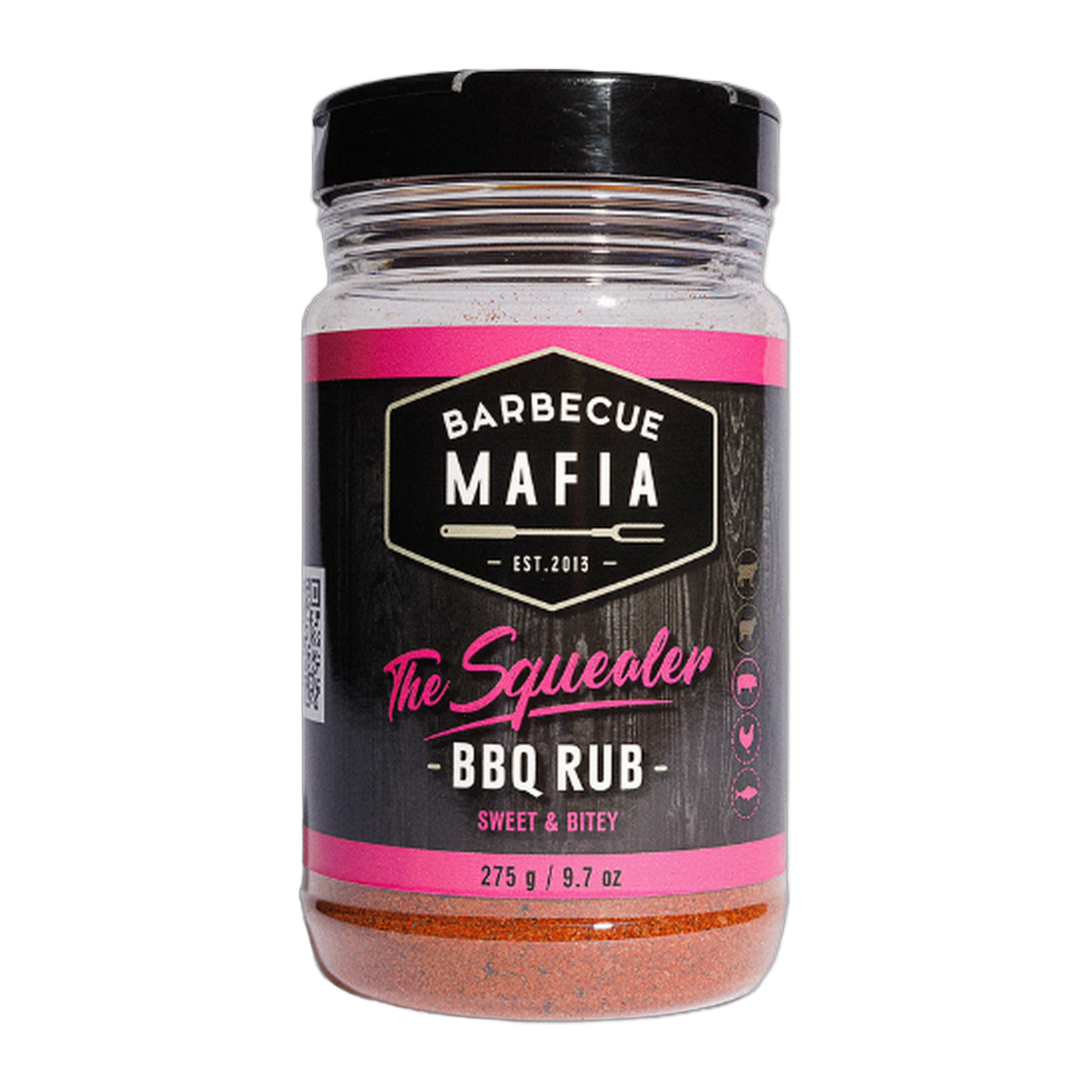 Barbecue Mafia The Squealer BBQ Rub 275g pork rub — front of shaker on transparent background