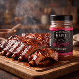 Barbecue Mafia The Squealer BBQ Rub — sticky glazed pork ribs beside the pack