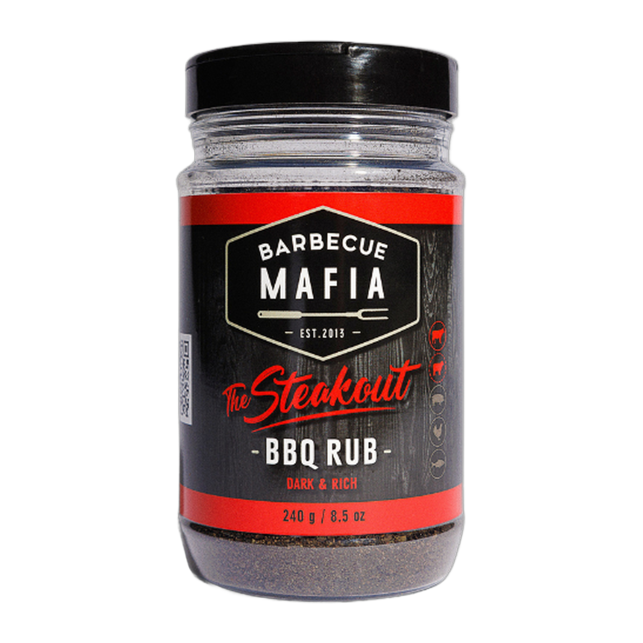 Barbecue Mafia The Steakout BBQ Rub 240g beef rub — front of shaker on transparent background