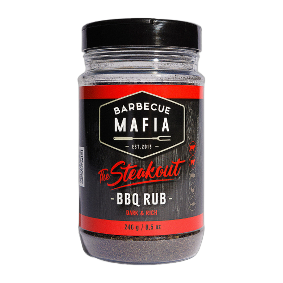 Barbecue Mafia The Steakout BBQ Rub 240g beef rub — front of shaker on transparent background