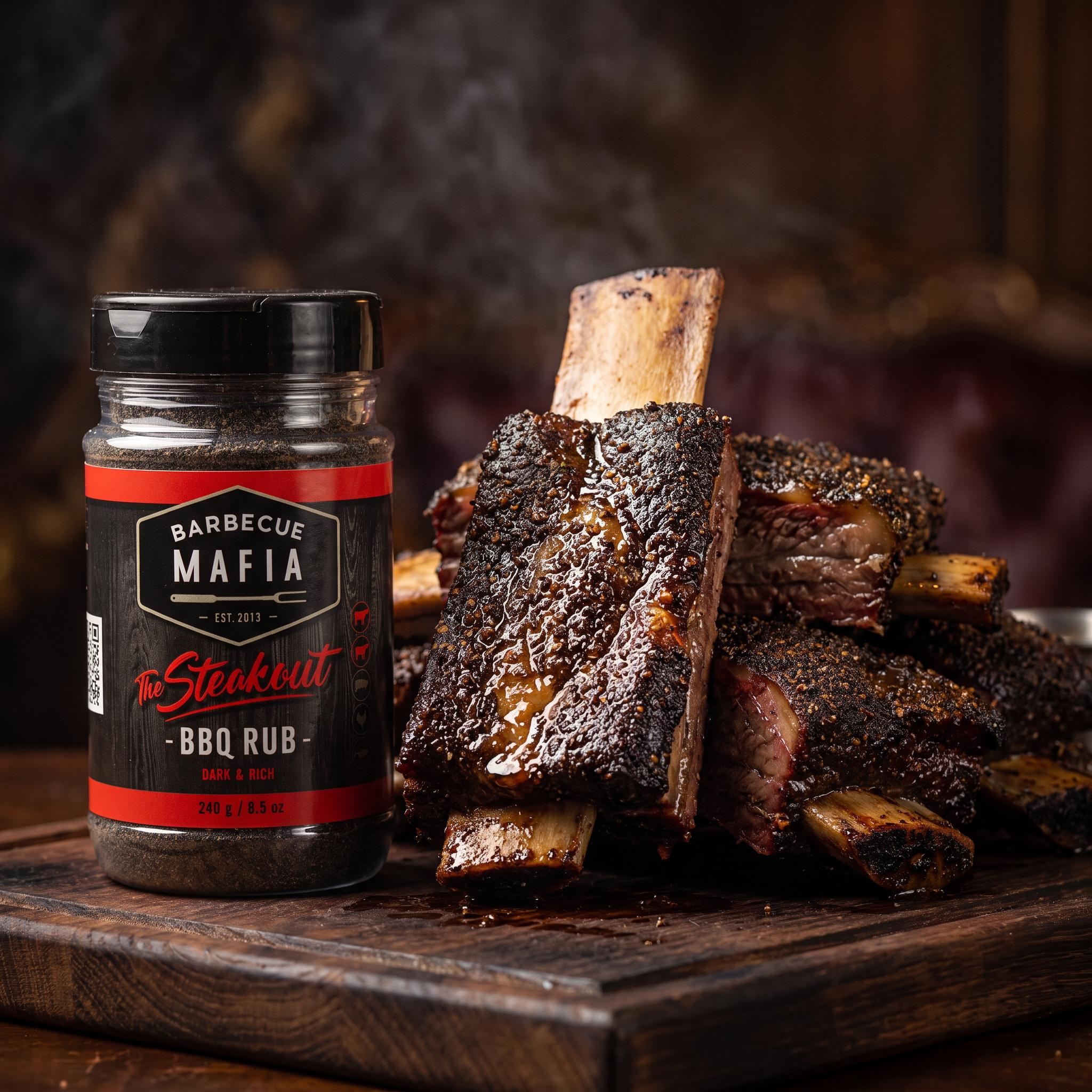Barbecue Mafia The Steakout BBQ Rub — smoked beef short ribs with a dark peppery bark beside the pack