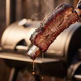 Barbecue Mafia The Steakout BBQ Rub — a beef short rib lifted showing a smoke ring and glossy bark