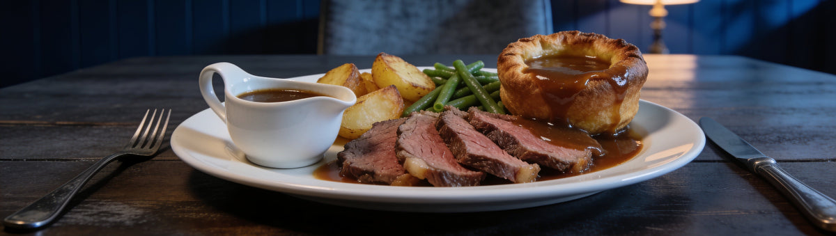 Roast beef dinner with Yorkshire pudding smothered in BBQ Mafia Wagyu Tallow Gravy