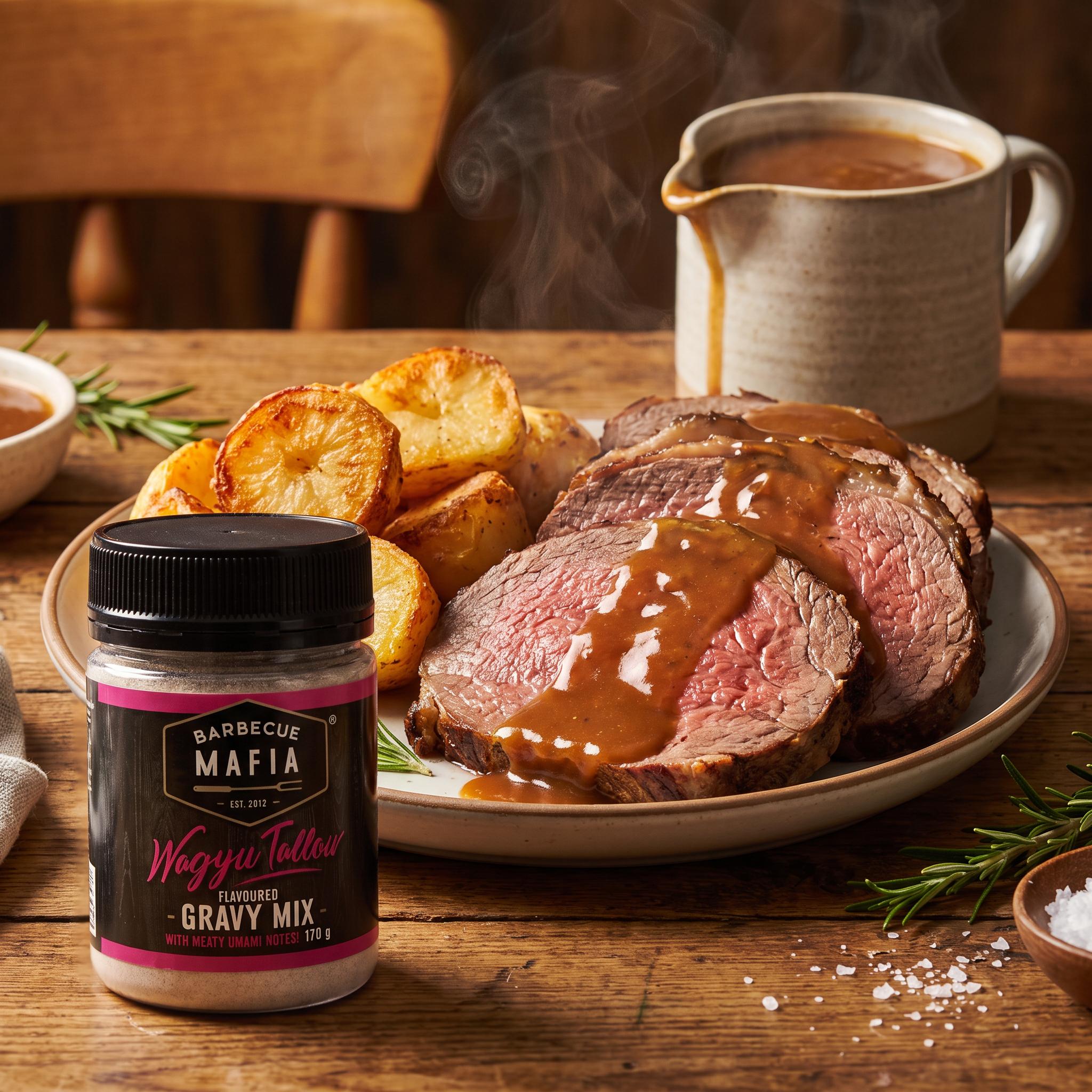 Barbecue Mafia Wagyu Tallow Gravy Mix — roast beef and potatoes smothered in glossy brown gravy