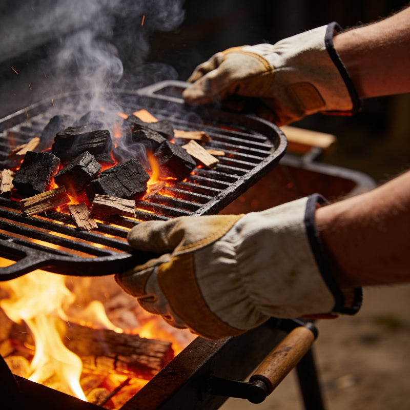 Pitmaster wearing heavy-duty barbecue gloves lifting a smoking hot cast-iron grate loaded with coals and wood chips lifestyle photo