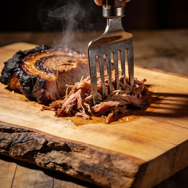 Meat fork shredding a bark-crusted smoked brisket on a rustic timber board lifestyle photo