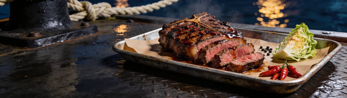 Chilli-glazed sliced T-bone steak on a tin tray with cos lettuce and red chillies, on a wet harbour wharf at night