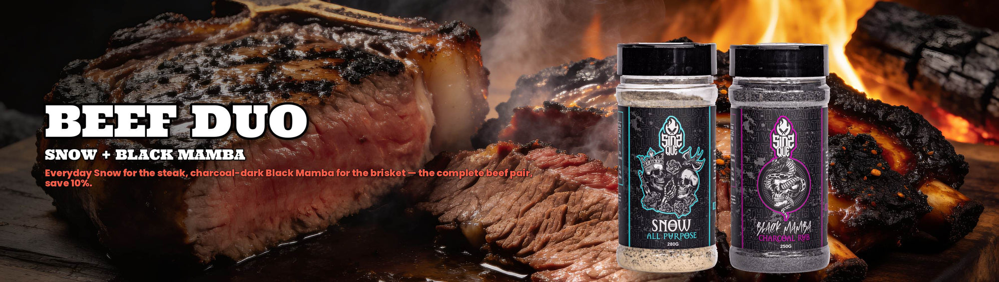 SinsQue Beef Duo Bundle — steak and charcoal-bark brisket with Snow and Black Mamba rub shakers