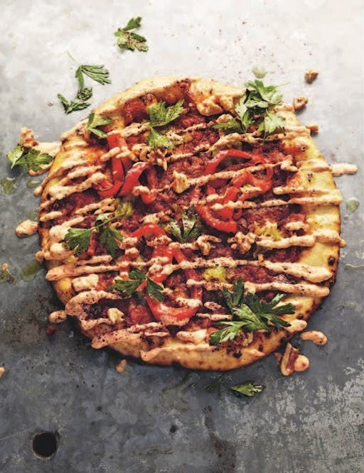 Berber&Q: On Vegetables by Josh Katz hardback cookbook — interior page of Leek & Muhammara Lahmacun