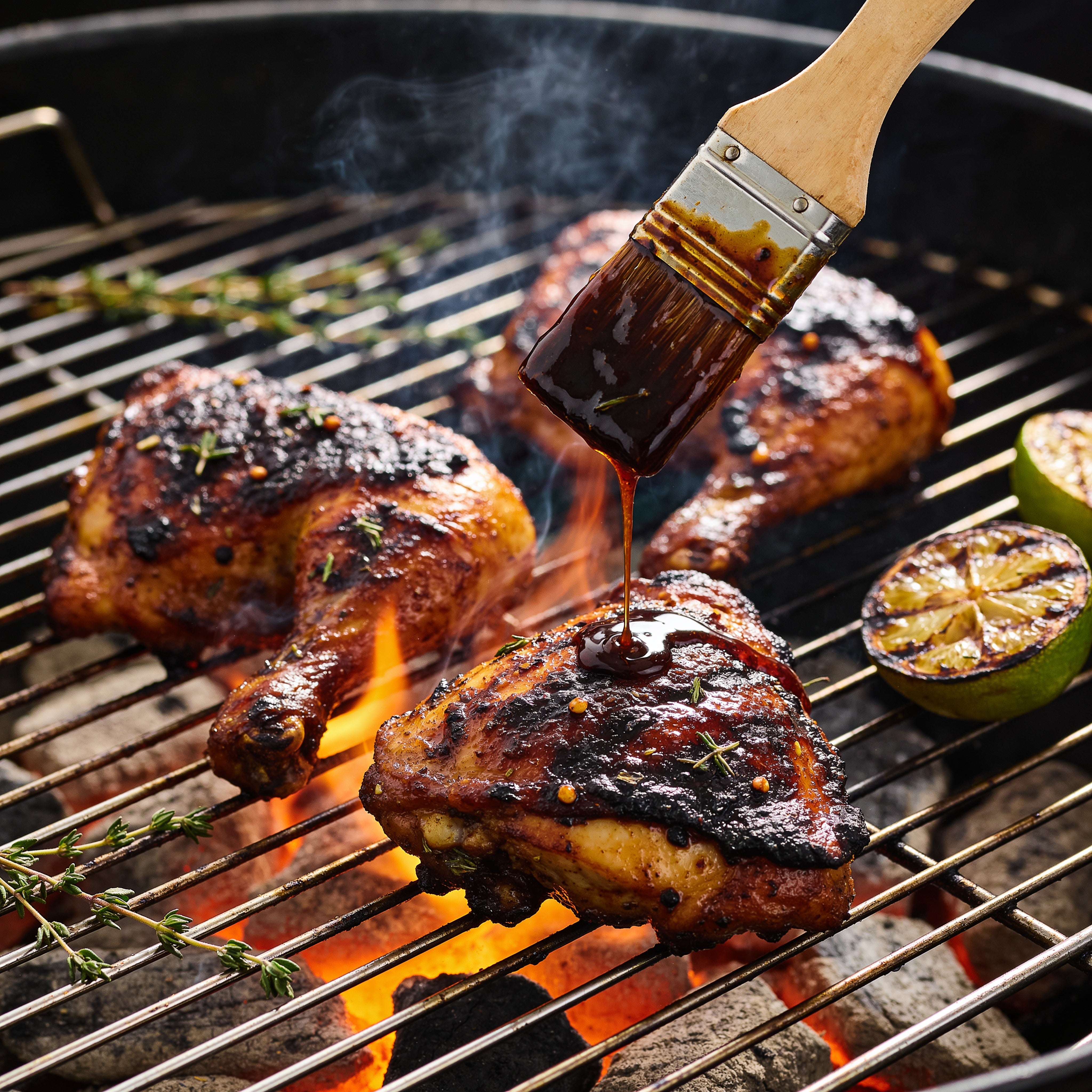 Big Jerk Energy box - jerk chicken thighs charring over charcoal being basted with dark glossy jerk marinade