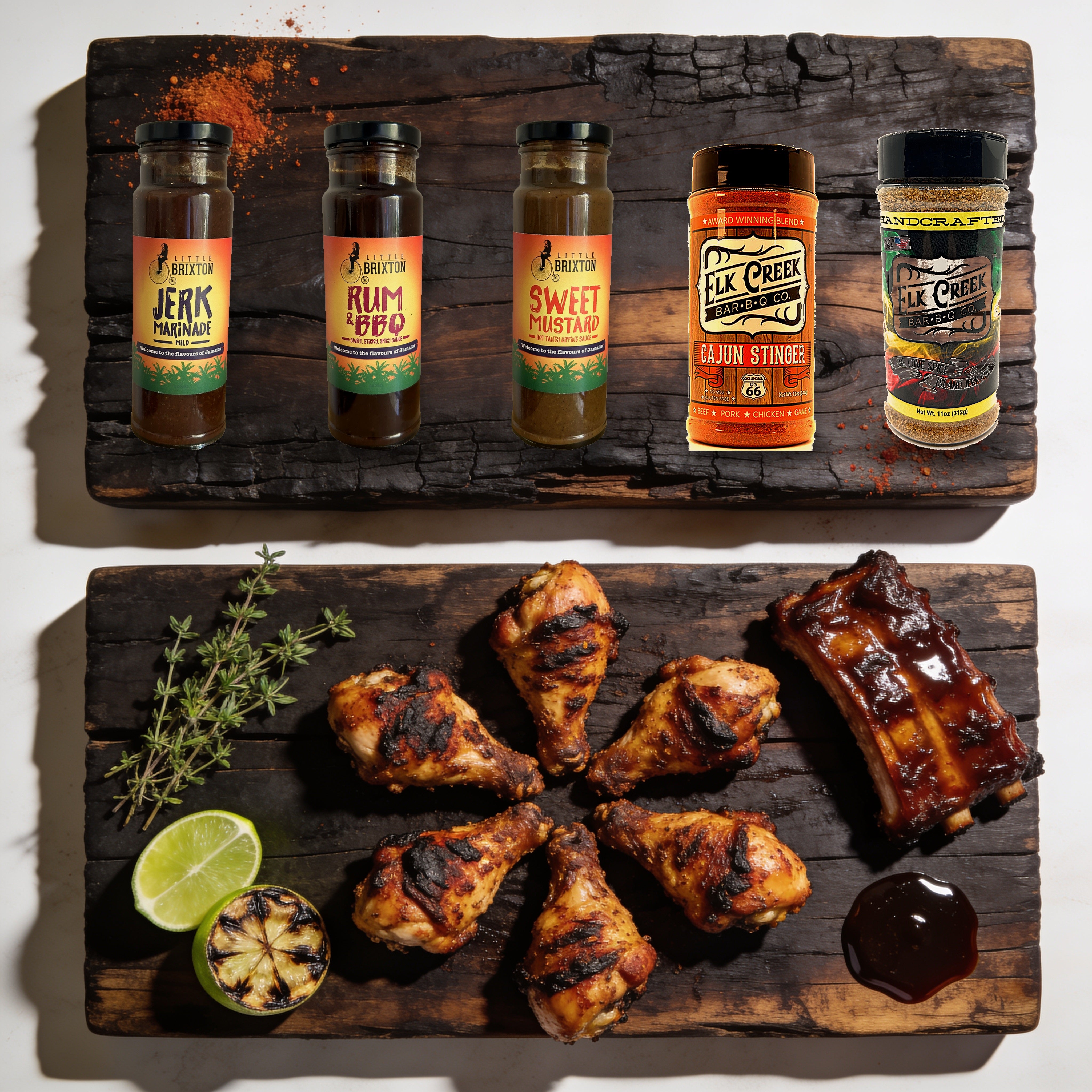 The Rub Hub Big Jerk Energy box - all five products on a charred timber board with jerk chicken, sticky rum-glazed ribs, thyme and charred lime