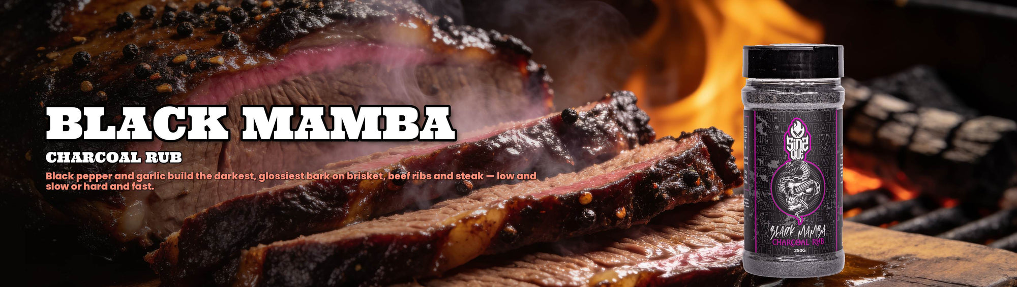 SinsQue Black Mamba Charcoal Rub 250g beef rub — sliced dark-bark brisket with product shaker over open fire