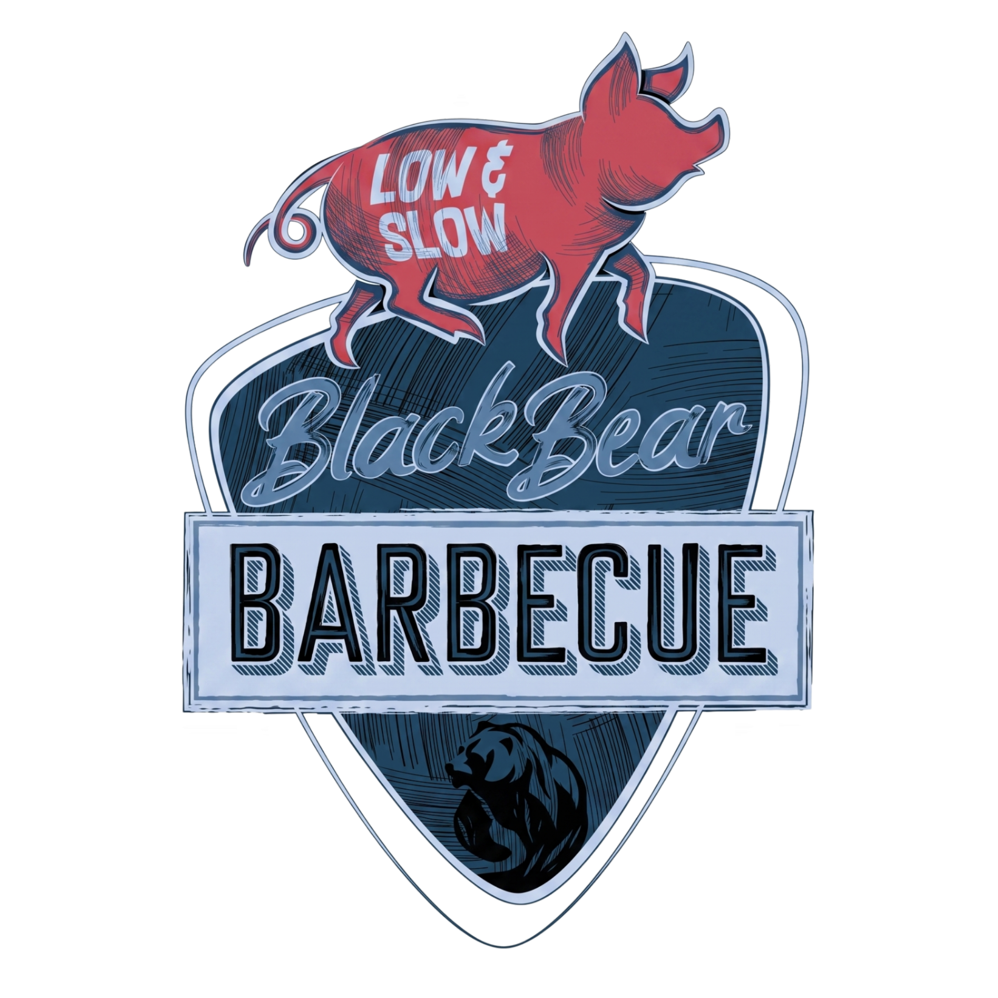 BlackBear BBQ barbecue brand logo, blue shield crest with pig and bear, on transparent background