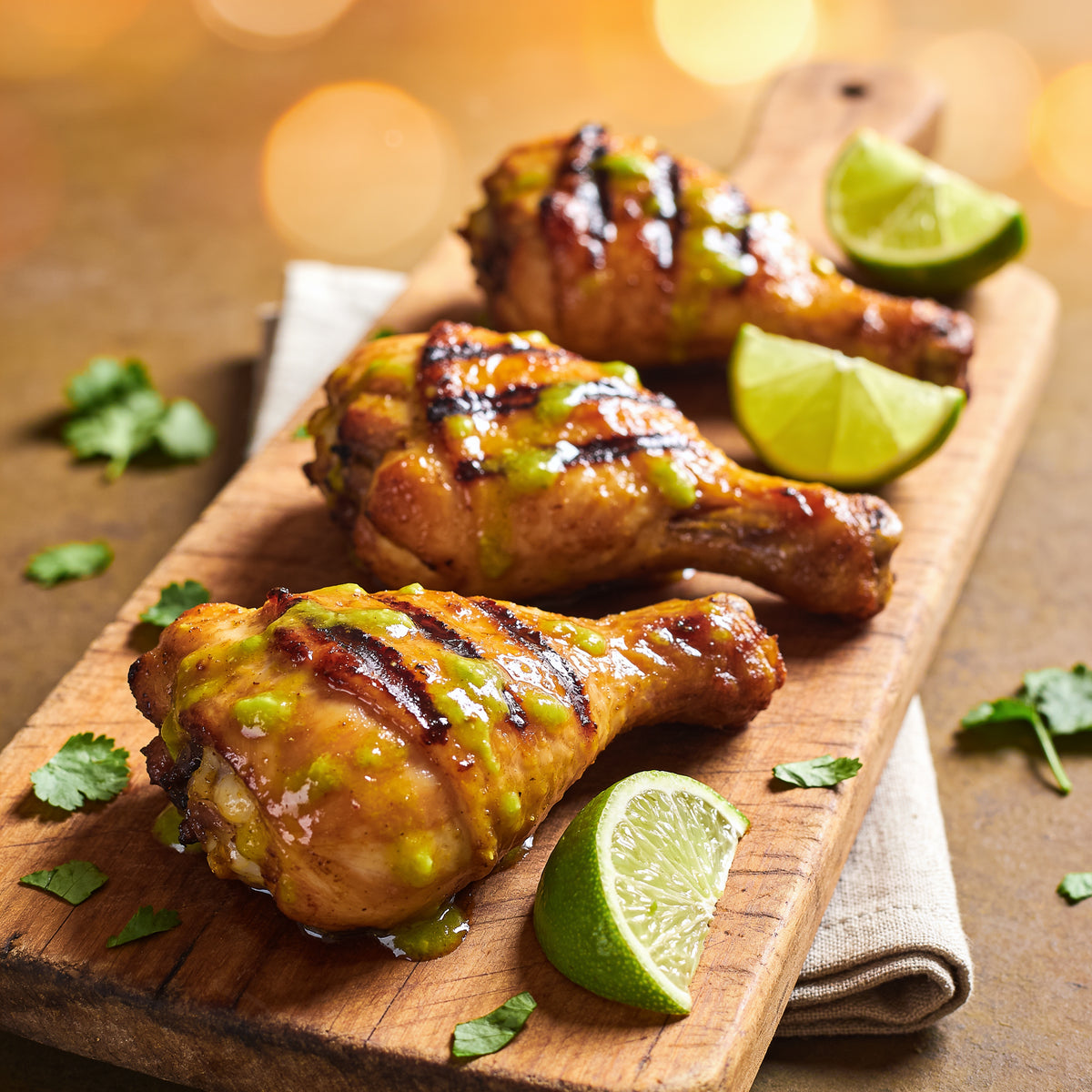 Grilled chicken drumsticks glazed with a bright lime dressing.