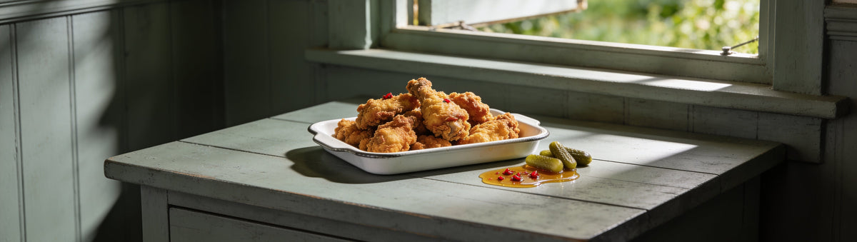Fried chicken drizzled with smoked chilli honey by a garden window – Blend Blazed