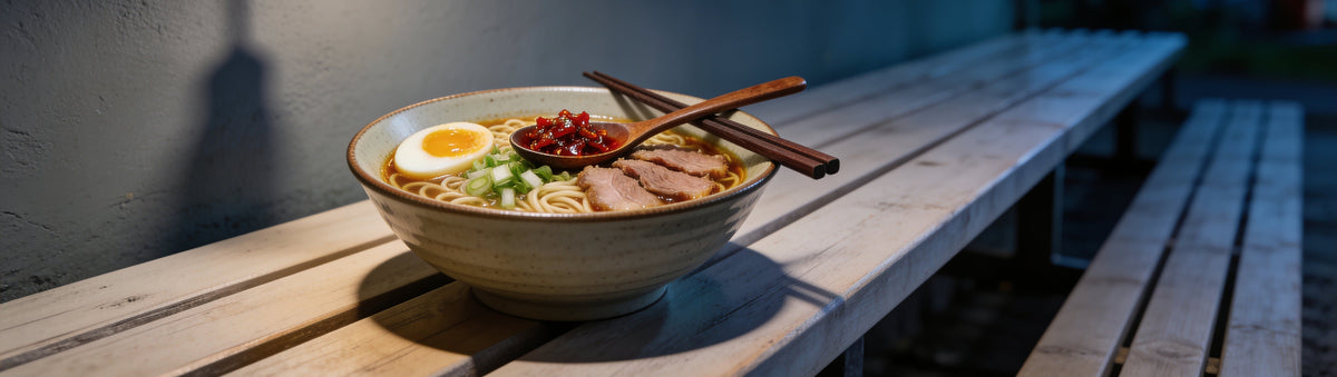 Ramen topped with crunchy chilli oil on a timber noodle bench at night – Blend Bling Chilli Oil Crunch