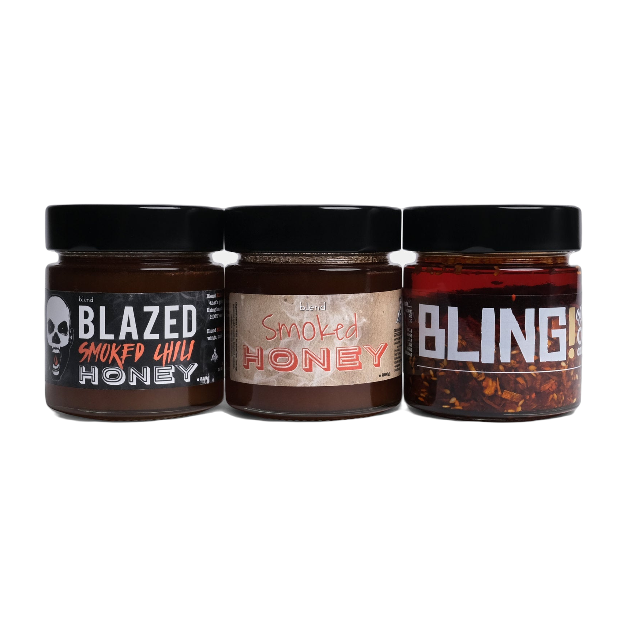 Blend Smoked Honey Bundle — Original, Blazed and Bling, three 250g jars on transparent background