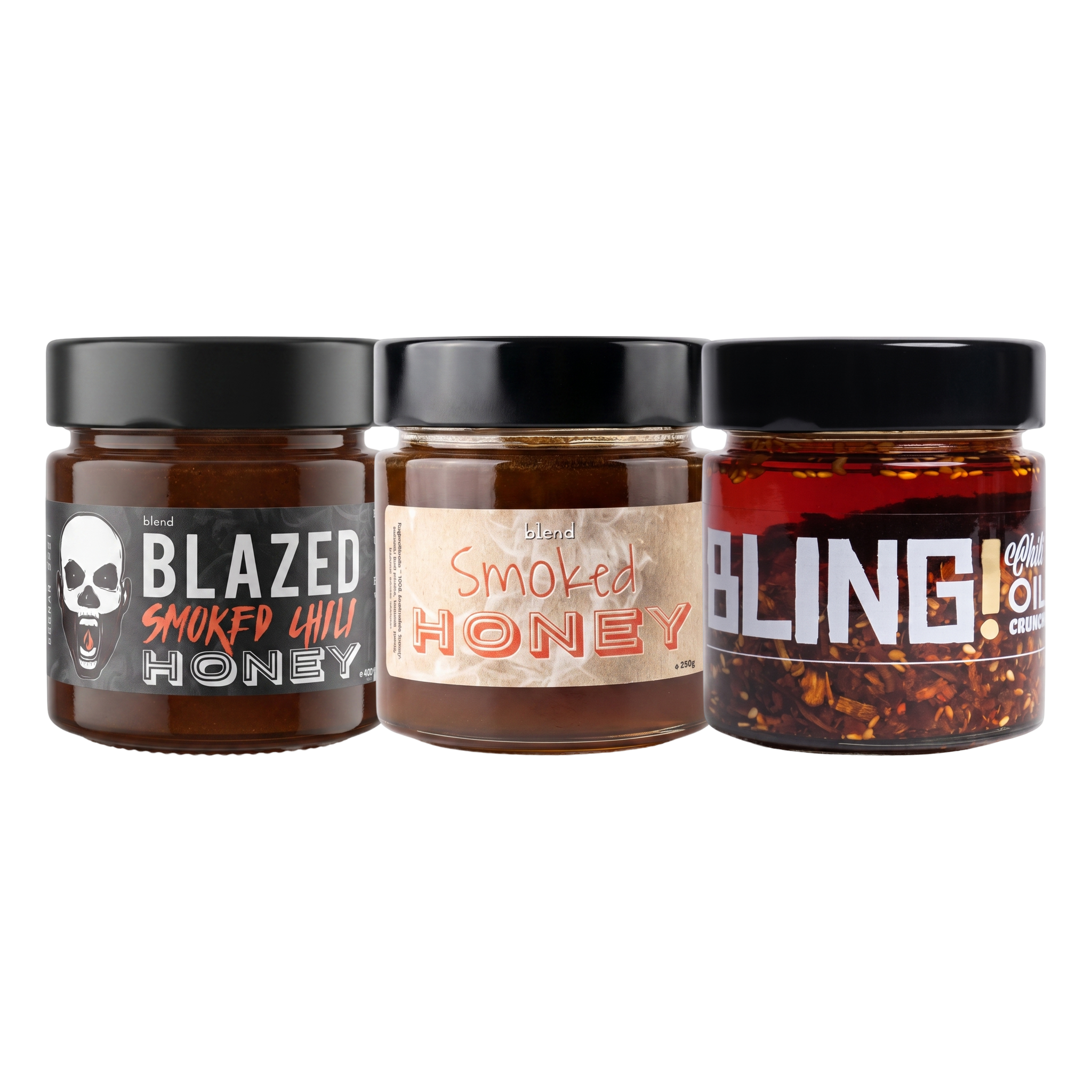 Blend Smoked Honey Bundle — Original, Blazed and Bling, three 250g jars on transparent background