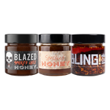 Blend Smoked Honey Bundle — Original, Blazed and Bling, three 250g jars on transparent background