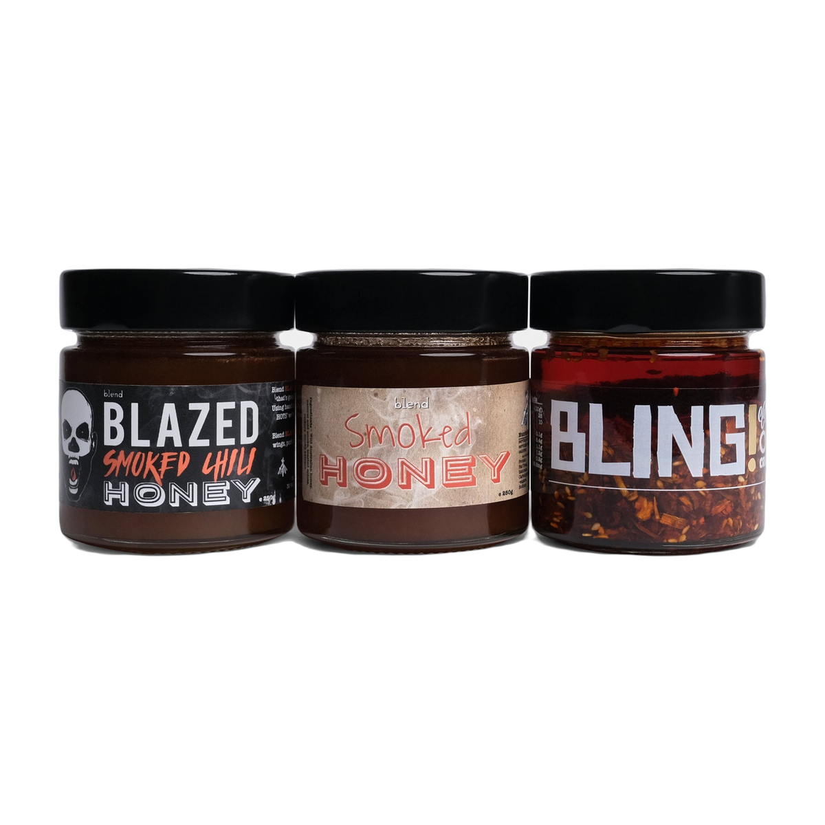 Blend Smoked Honey Bundle — Original, Blazed and Bling, three 250g jars on transparent background