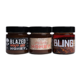 Blend Smoked Honey Bundle — Original, Blazed and Bling, three 250g jars on transparent background