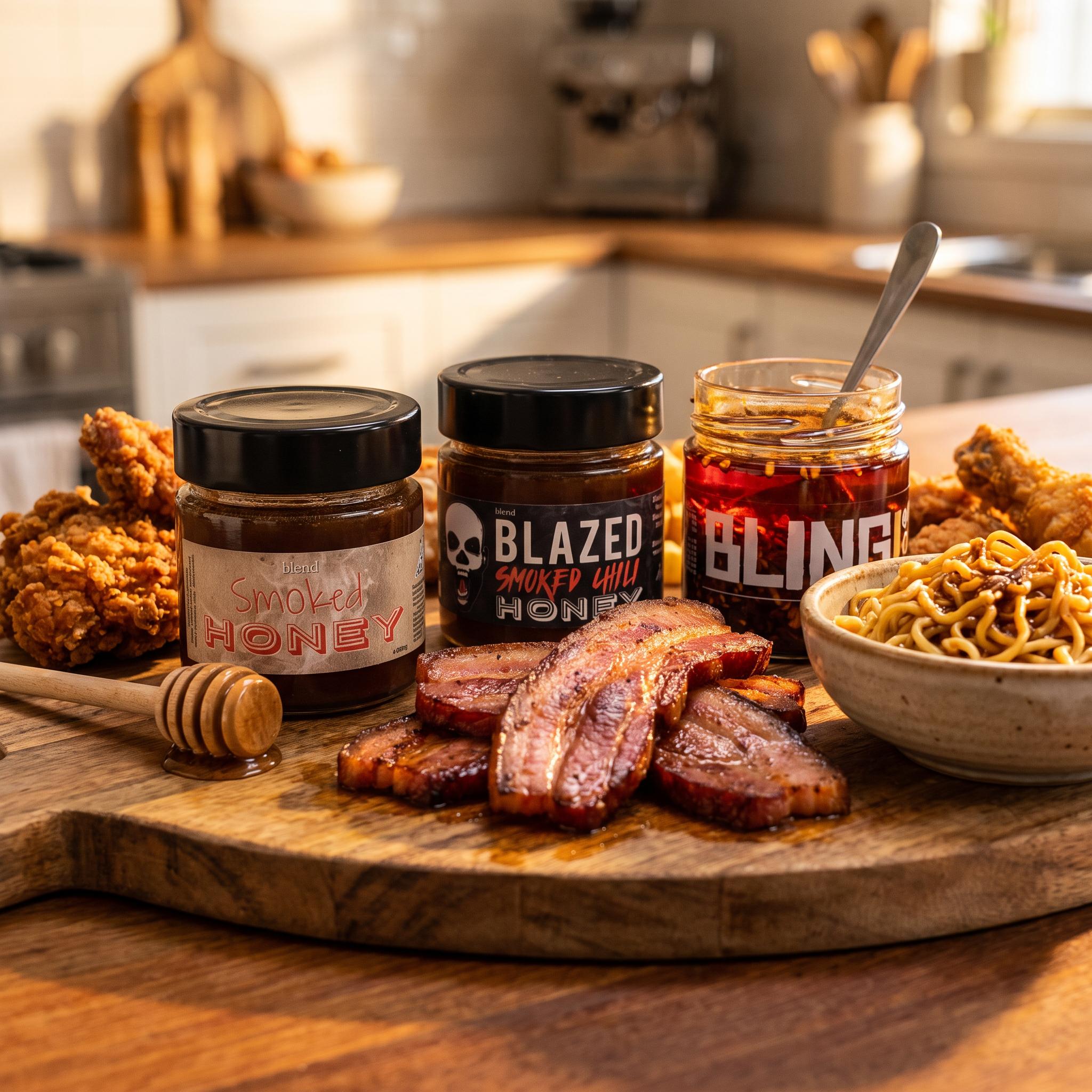 Blend Bundle 3 x 250g — Smoked Honey, Blazed and Bling with bacon, fried chicken and noodles
