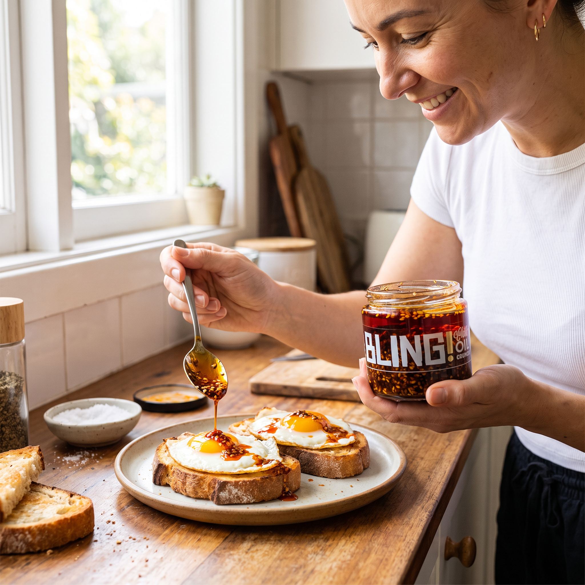 Blend Bling Chilli Oil Crunch 250g — spooned over fried eggs on sourdough toast