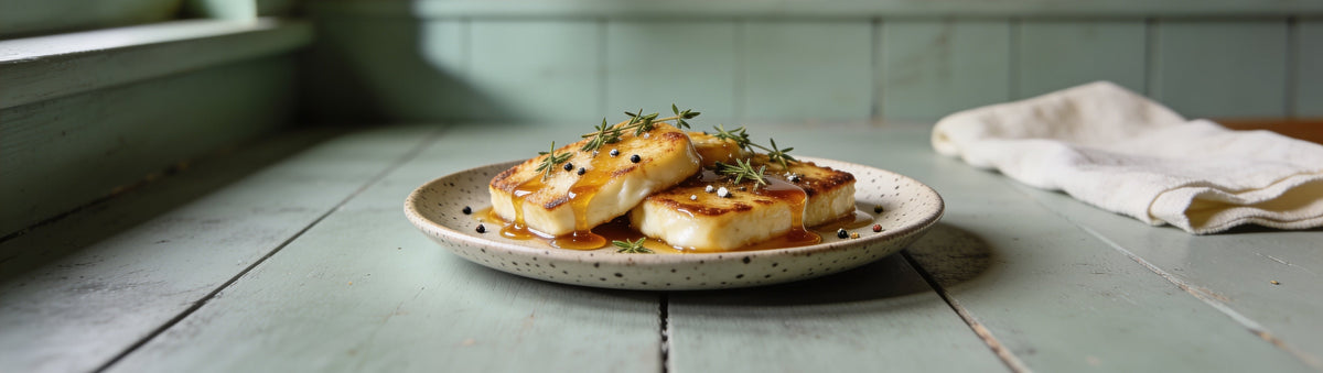 Pan-fried halloumi drizzled with smoked honey on a sage farmhouse bench – Blend Smoked Honey Original