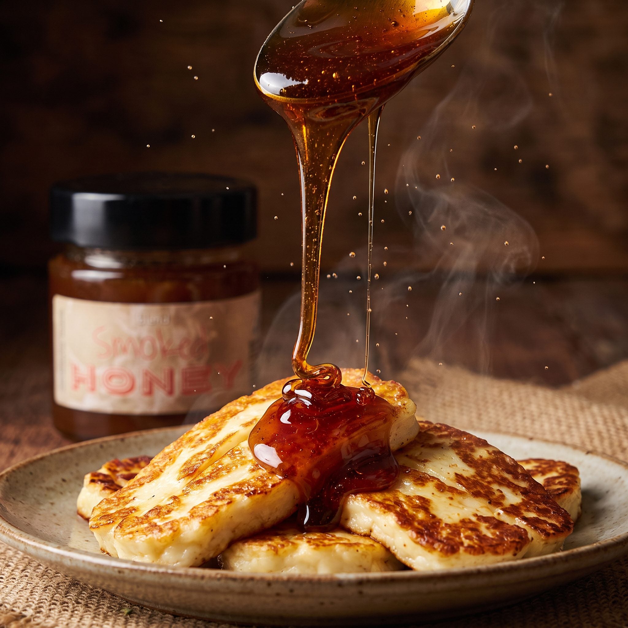Blend Smoked Honey 250g — smoked honey drizzling over golden pan-fried halloumi
