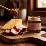 Blend Smoked Honey 250g — drizzled over smoked bacon and aged cheddar on a board