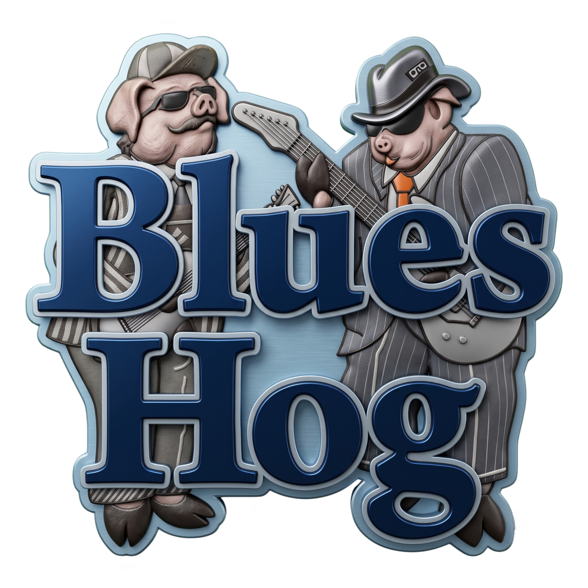 Blues Hog brand logo, two blues musician hog mascots in suits with guitar, navy on transparent background