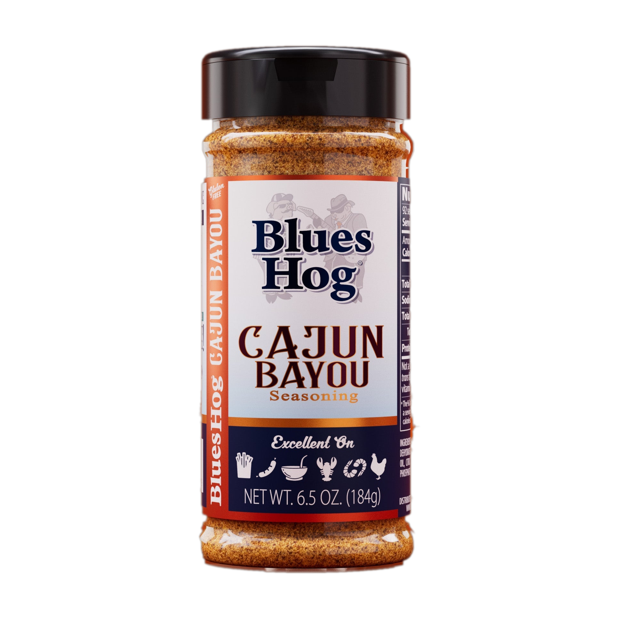 Blues Hog Cajun Bayou Seasoning 184g shaker — front label, transparent cutout
