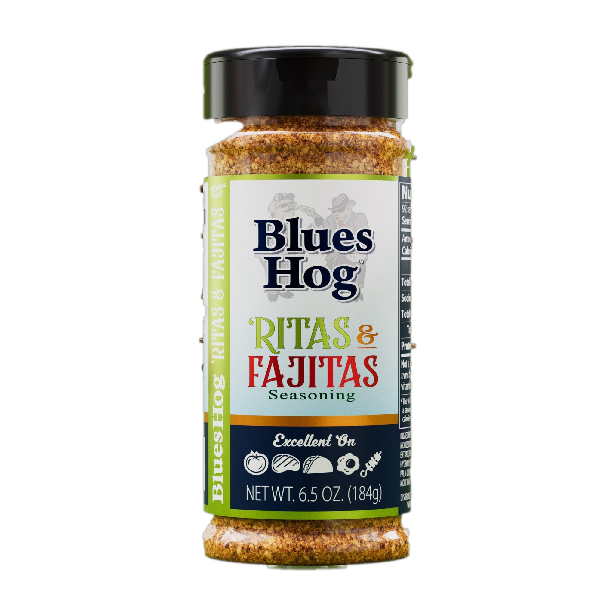 Blues Hog 'Ritas & Fajitas Seasoning 184g shaker — front label, transparent cutout