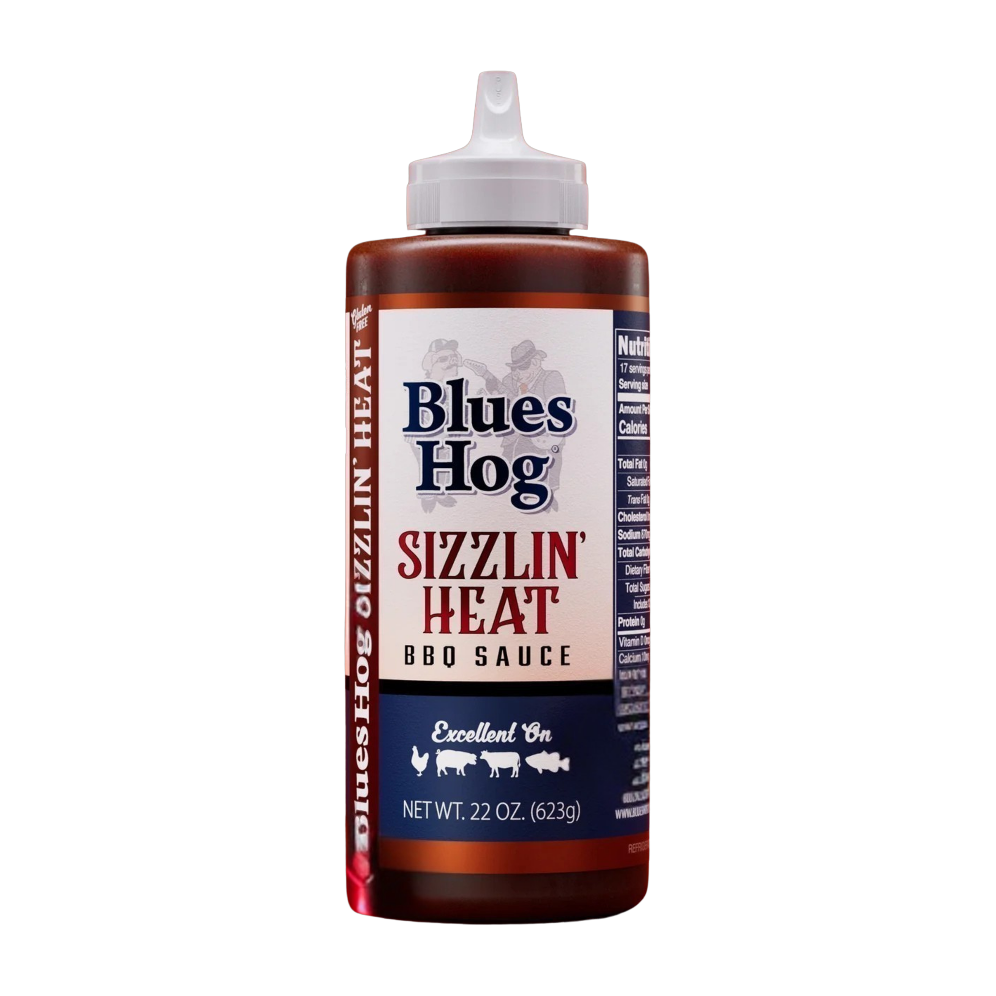 Blues Hog Sizzlin' Heat BBQ Sauce 623g squeeze bottle — front label, transparent cutout