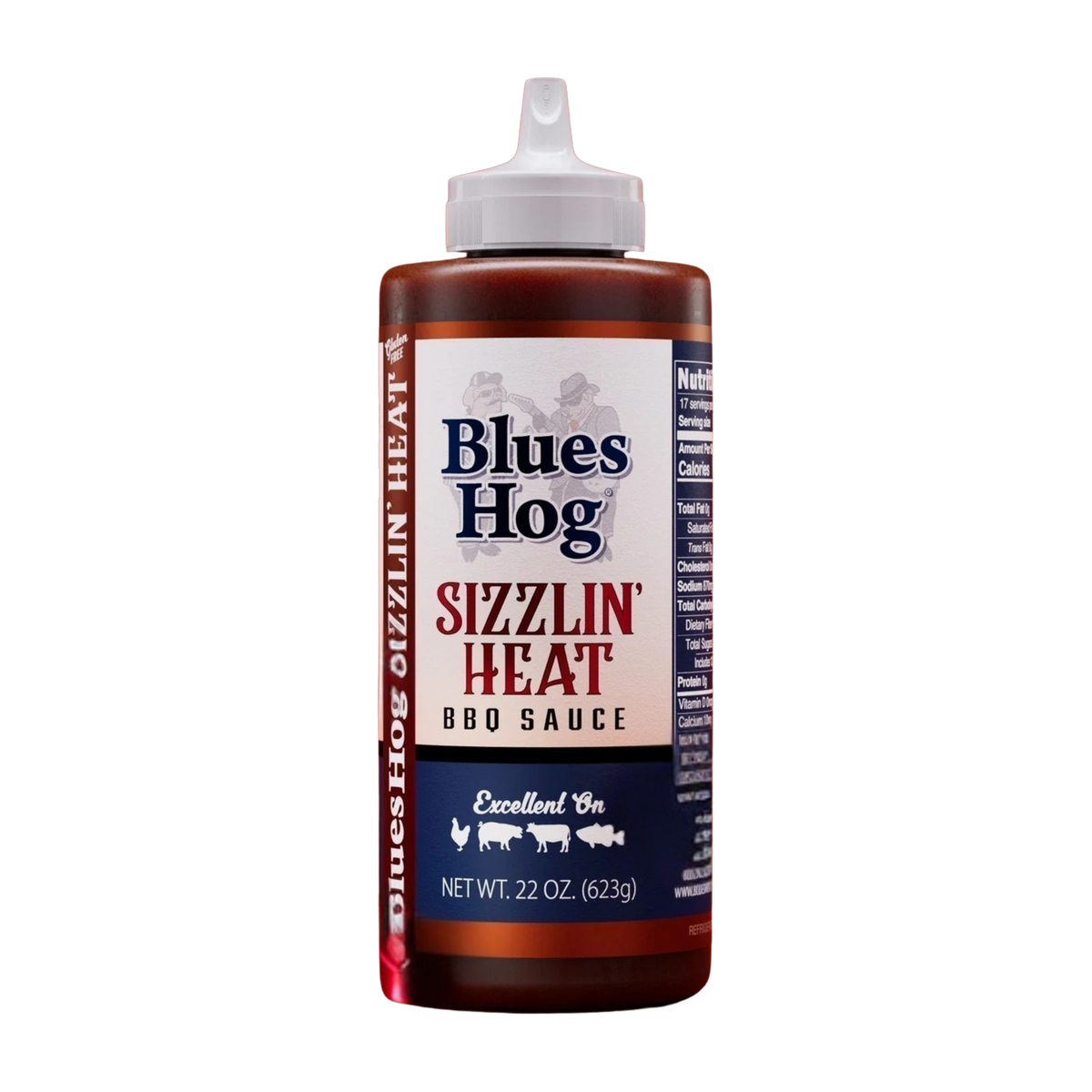 Blues Hog Sizzlin' Heat BBQ Sauce 623g squeeze bottle — front label, transparent cutout