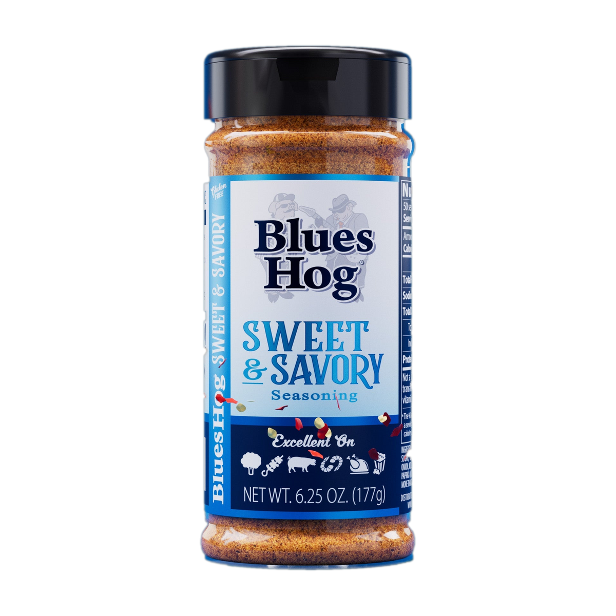 Blues Hog Sweet & Savory Seasoning 177g shaker — front label, transparent cutout
