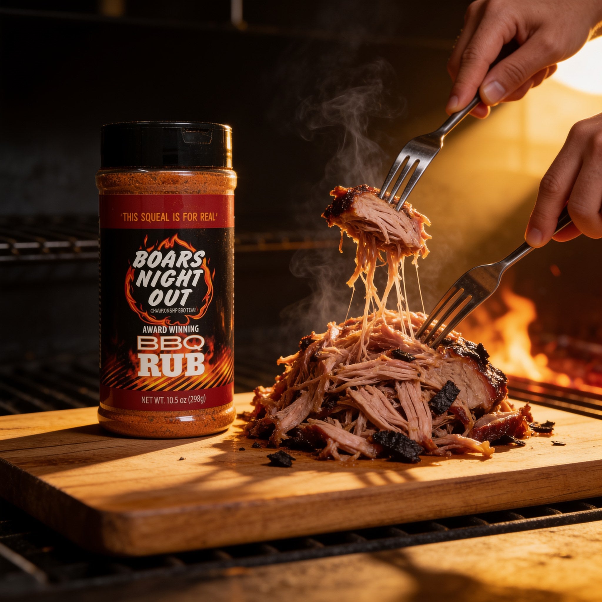 Two hands pulling apart smoked pork with forks, seasoned with Boars Night Out BBQ Rub