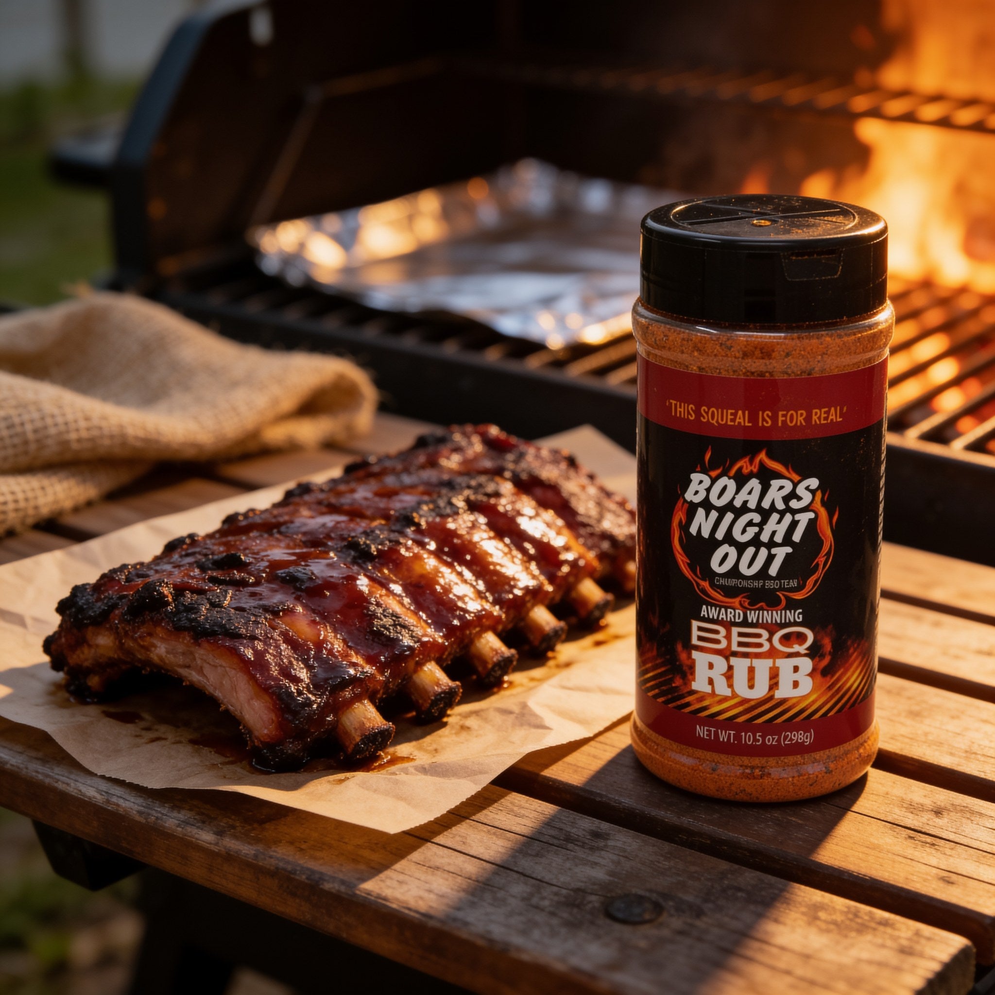 Boars Night Out BBQ Rub shaker beside a platter of ribs on a tailgate table with grill and fairy lights