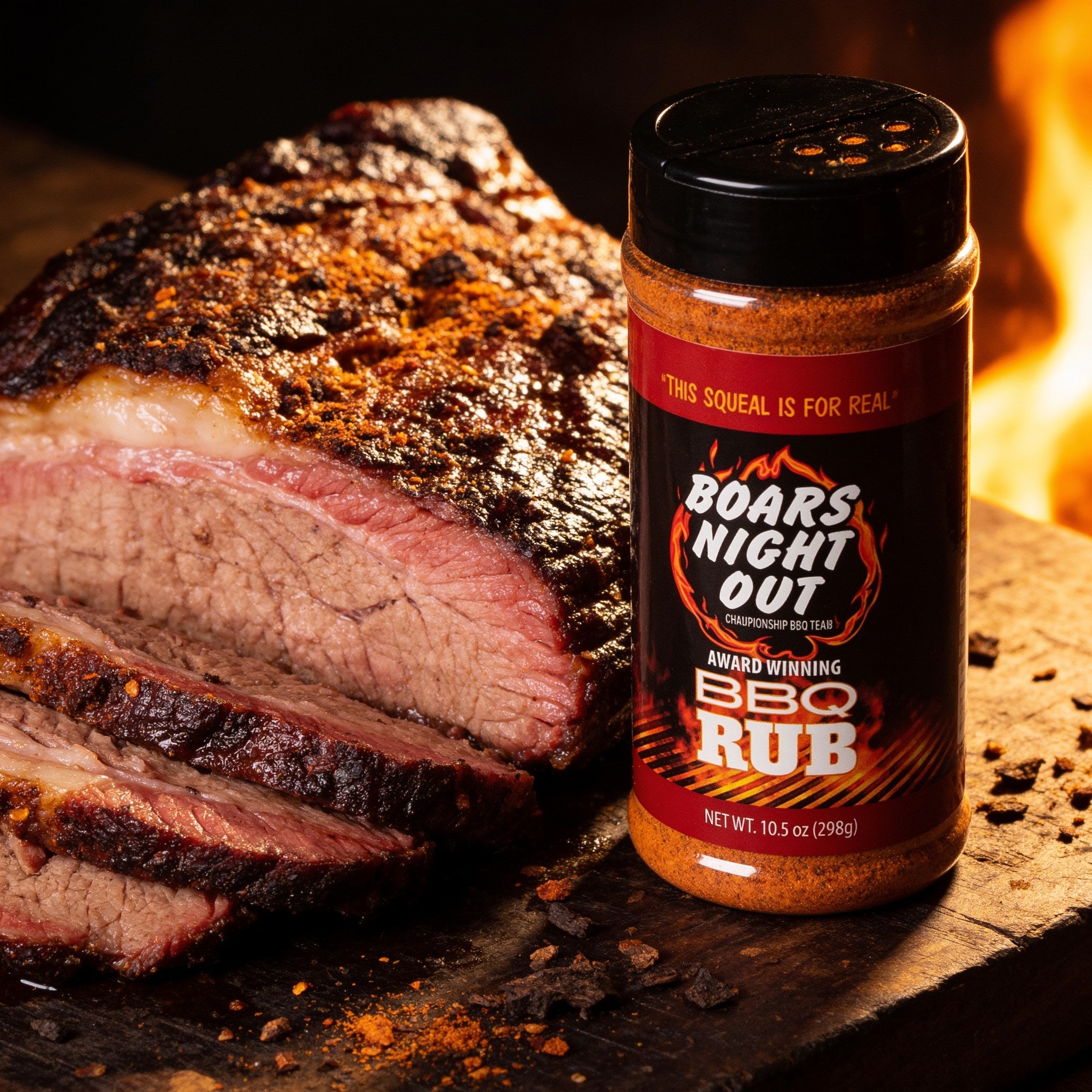 Close-up of sliced smoked brisket showing dark bark and smoke ring, seasoned with Boars Night Out BBQ Rub