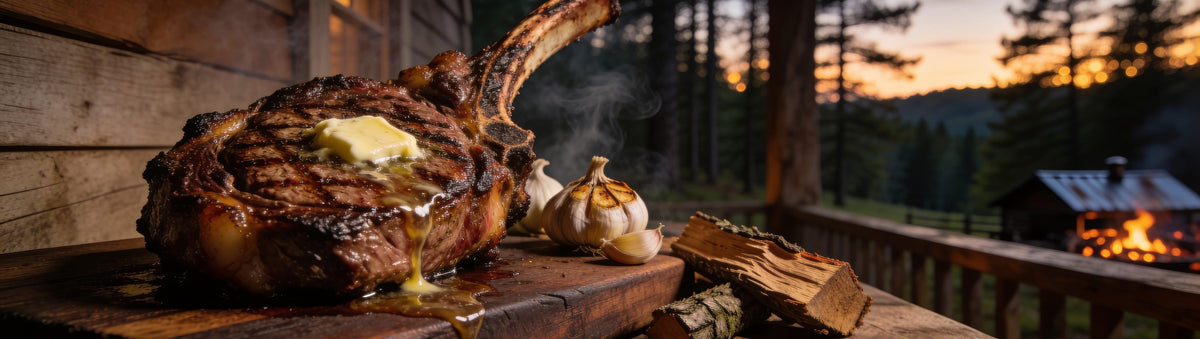 A tomahawk steak and roasted garlic on a pine-shaded porch table at golden hour