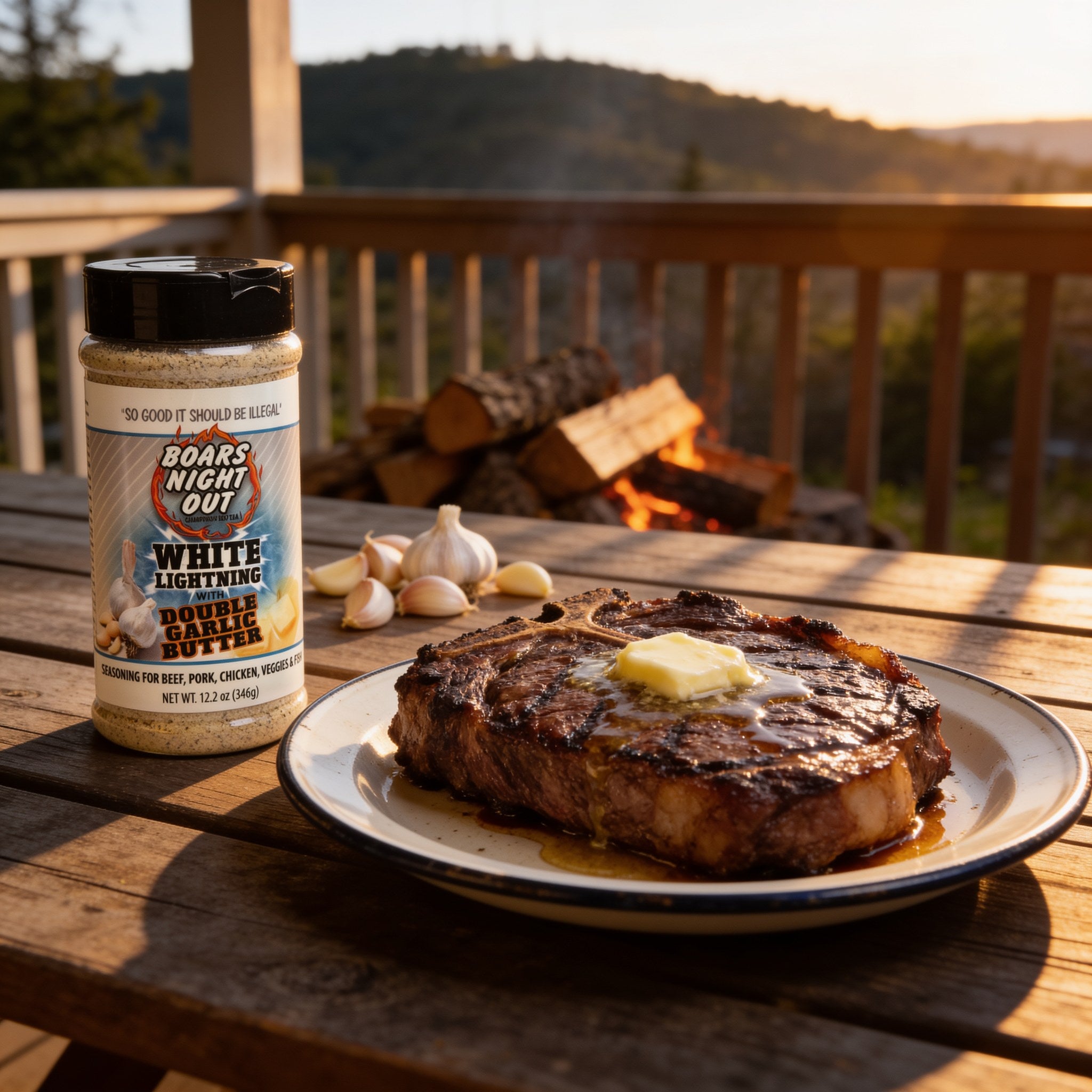 Boars Night Out Double Garlic Butter shaker beside a seared steak and roasted garlic on a porch table