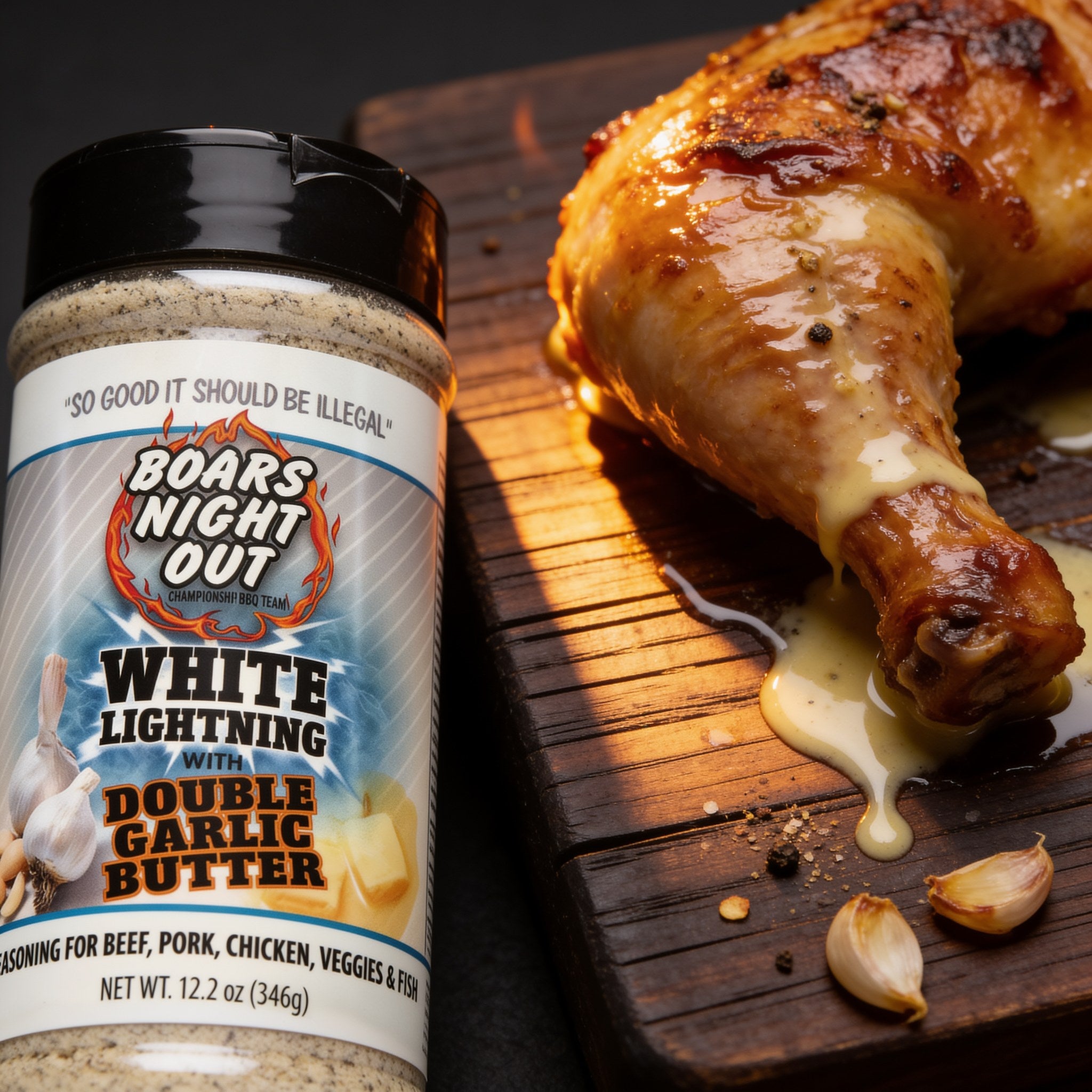 Close-up of roast chicken drumstick with melted garlic butter drip, seasoned with Boars Night Out Double Garlic Butter