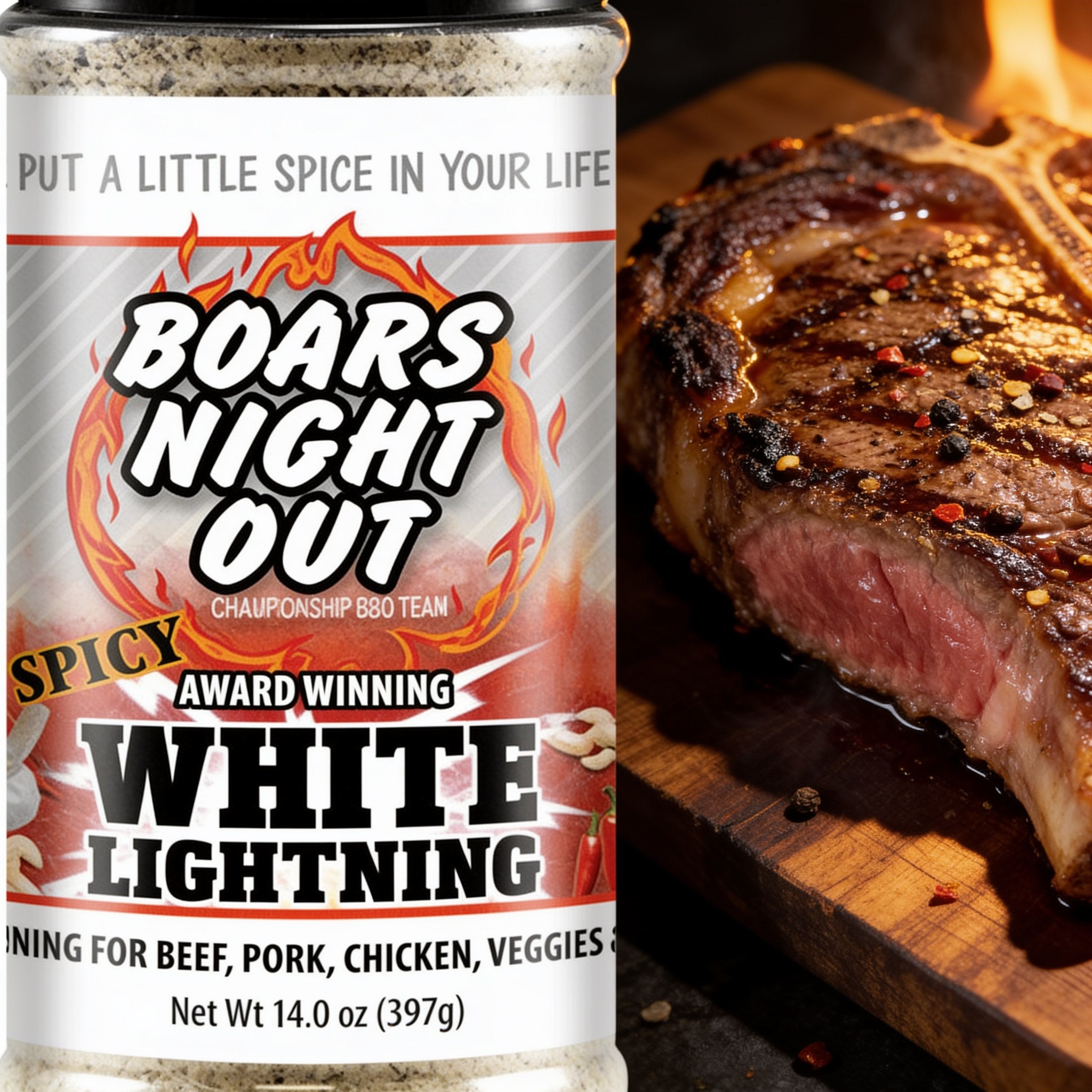 Close-up of a seared steak crusted with Boars Night Out Spicy White Lightning seasoning