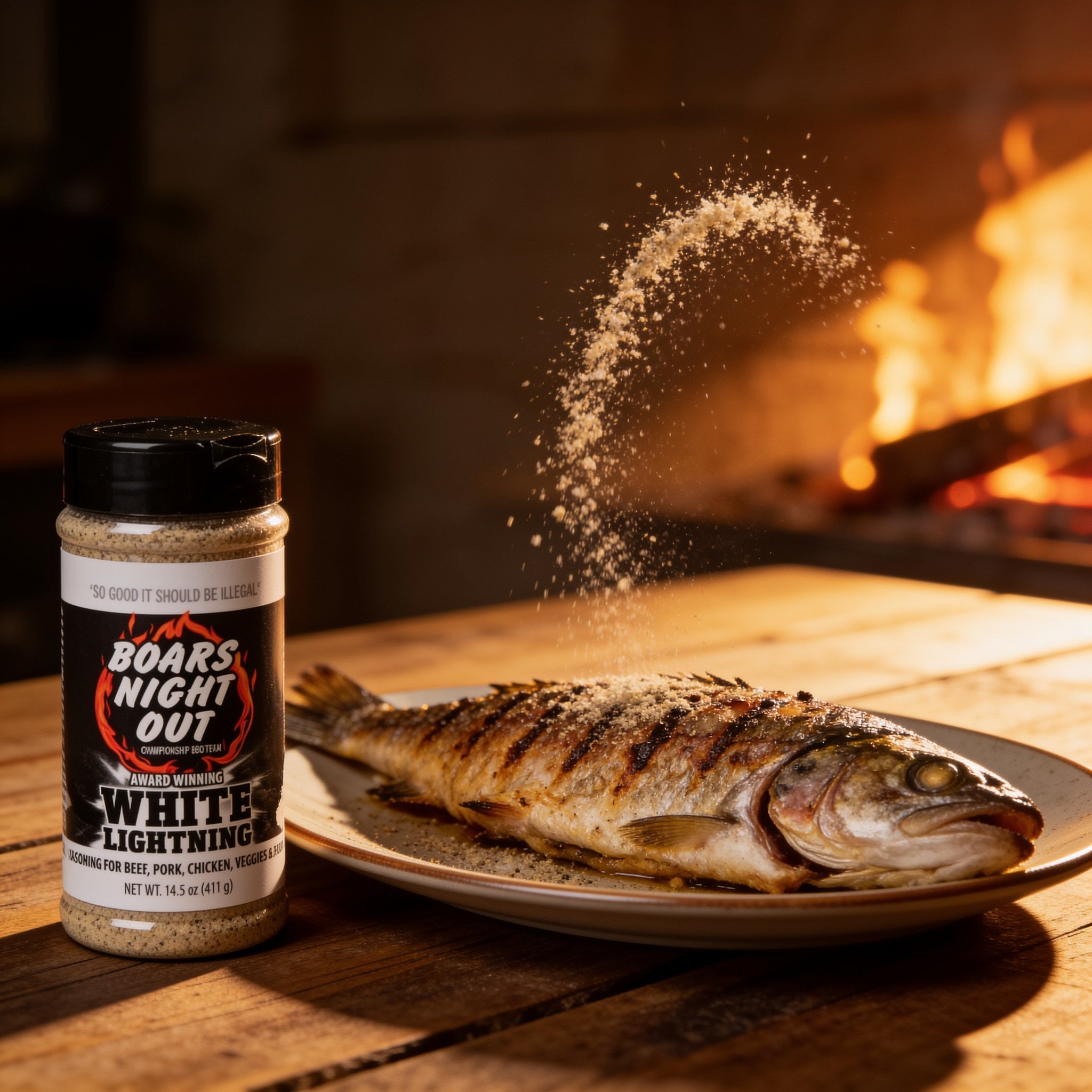 Boars Night Out White Lightning seasoning falling onto a whole grilled fish on the barbecue