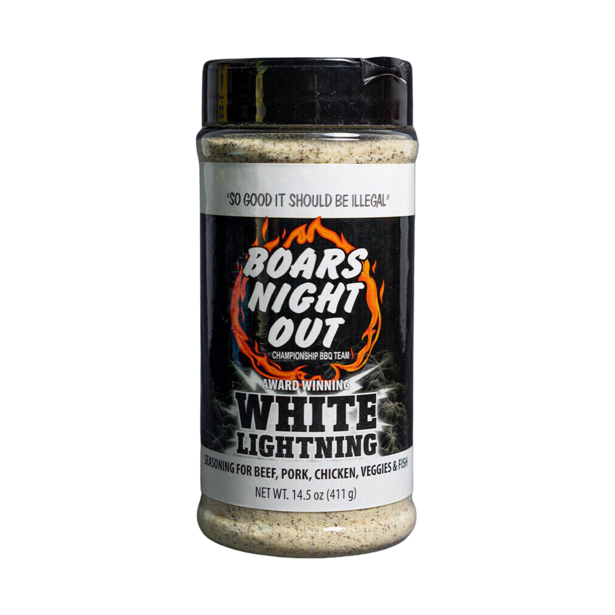 Boars Night Out White Lightning 411g shaker, transparent front view